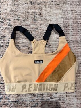 P.E Nation Beige Sports Bra with Orange & Gold Accent